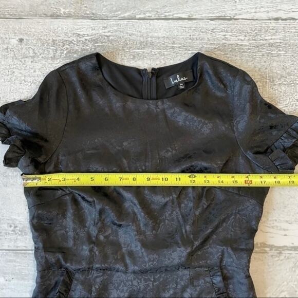 Lulus Black Short Dress Medium Pockets Ruffle Embossed Roses - Picture 8 of 12
